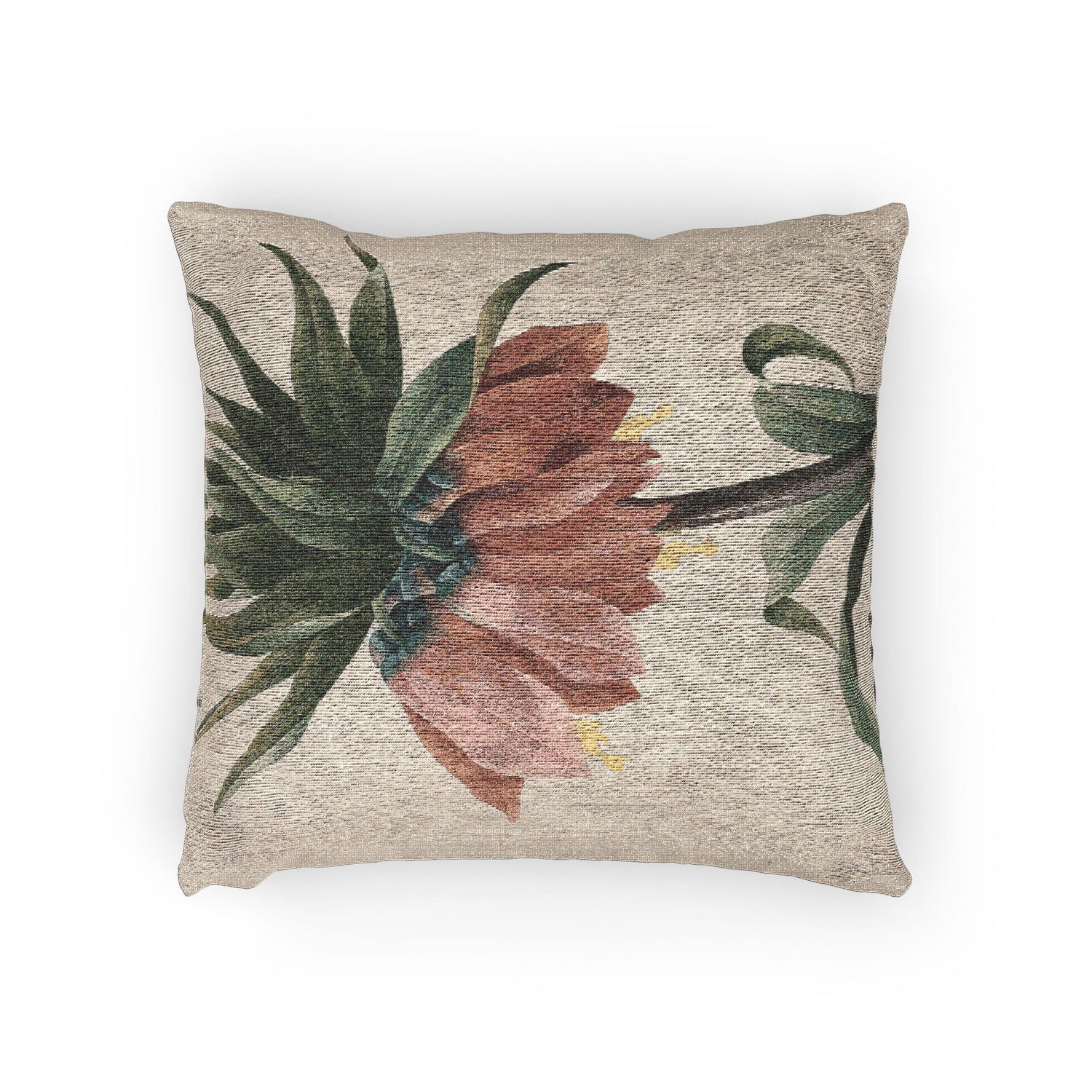 A square throw pillow with a textured beige linen-like fabric, featuring a woven floral design of a pinkish-brown flower with green leaves on the front.