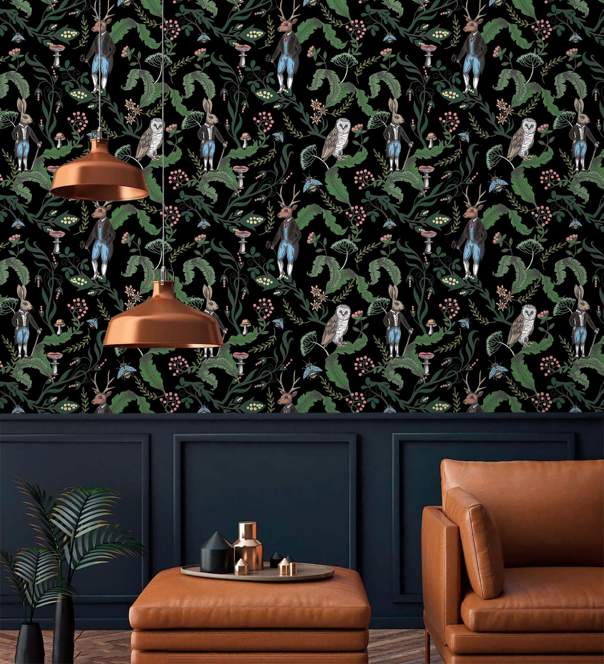 Dark Woodland Wallpaper: Bring the enchantment of the forest into your space with this rich and atmospheric design.