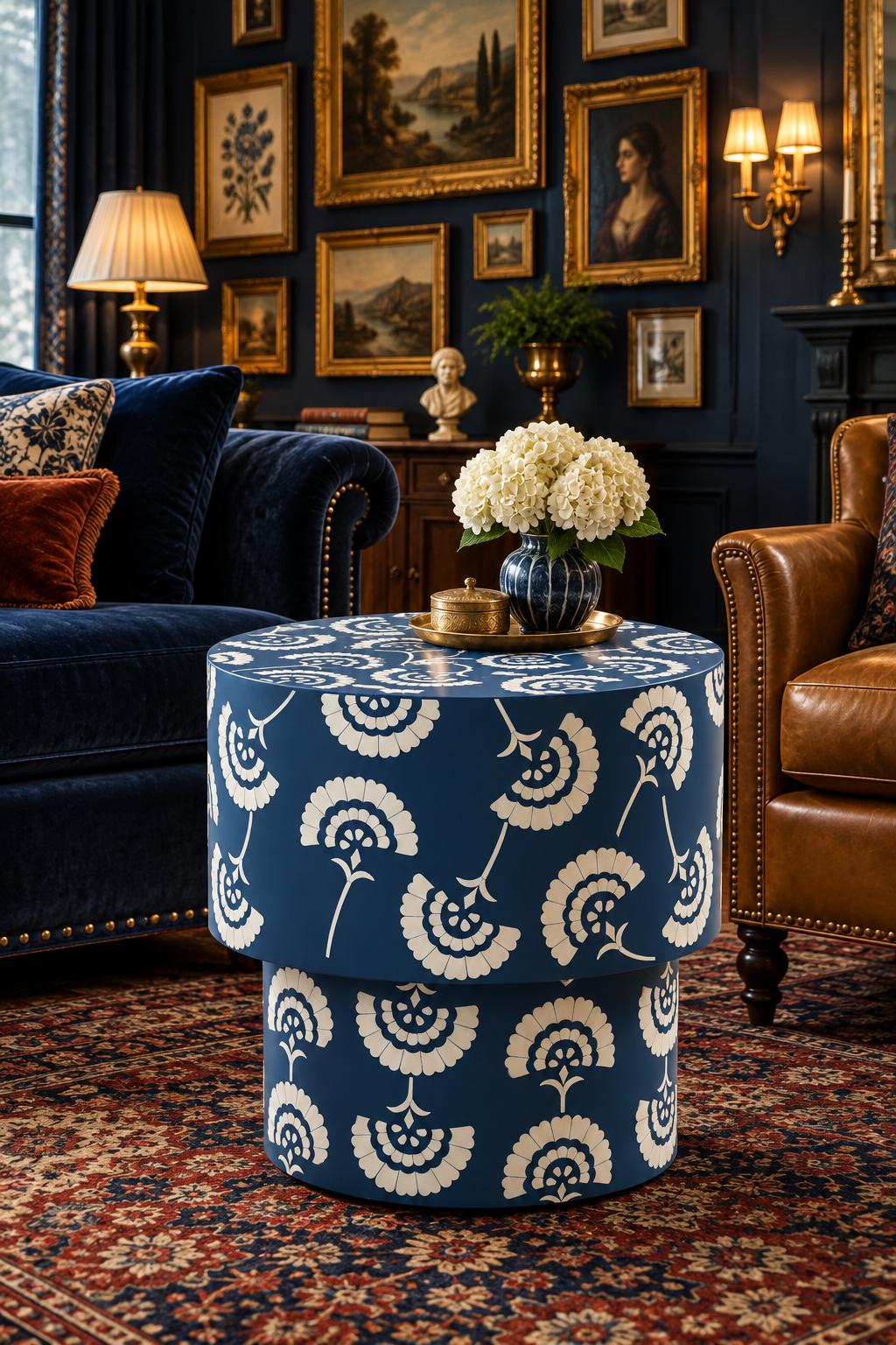 Daisy Floral Inlay Round Side Table – Blue