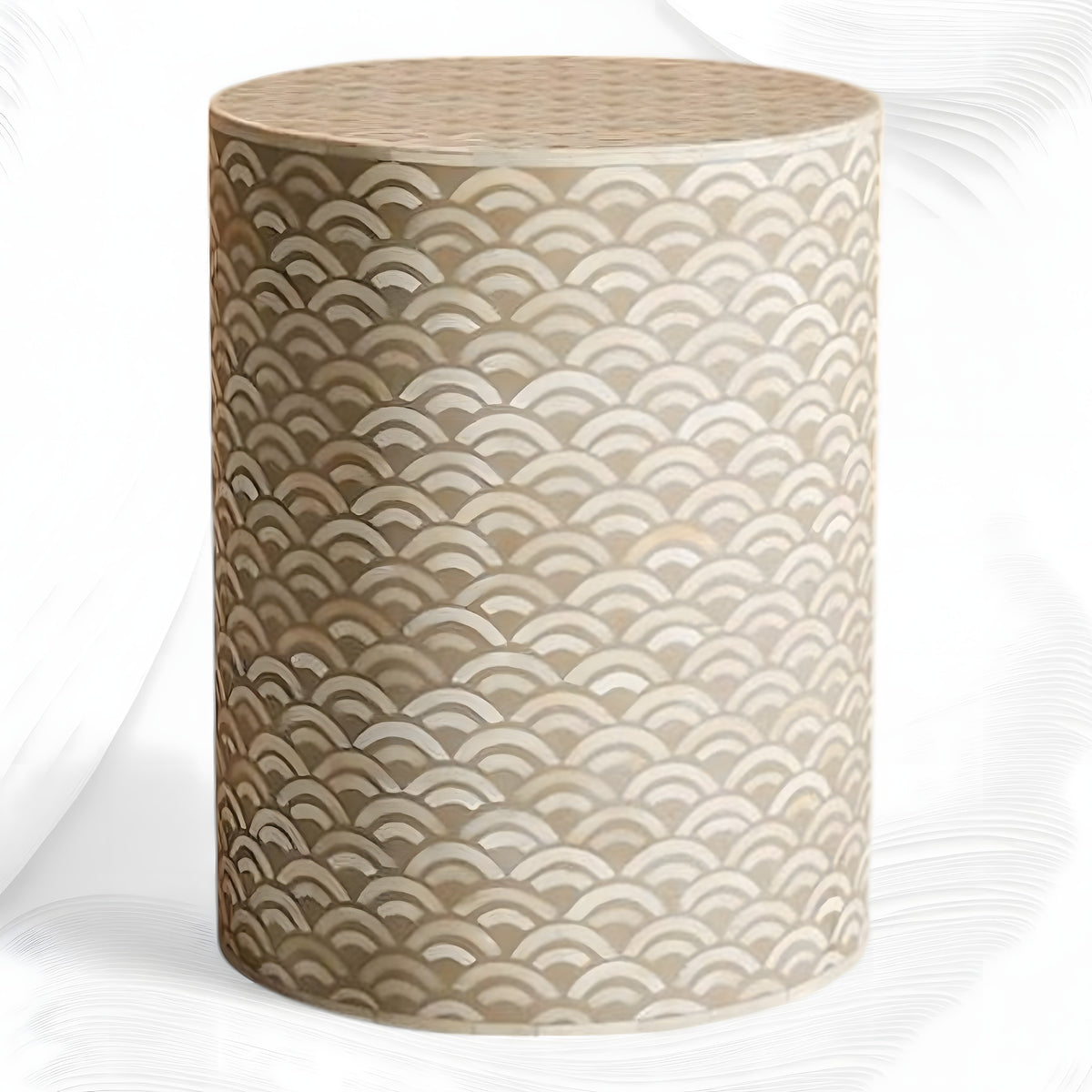 Arc bone inlay round end table in mud grey, front view