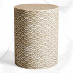 Arc bone inlay round end table in mud grey, front view