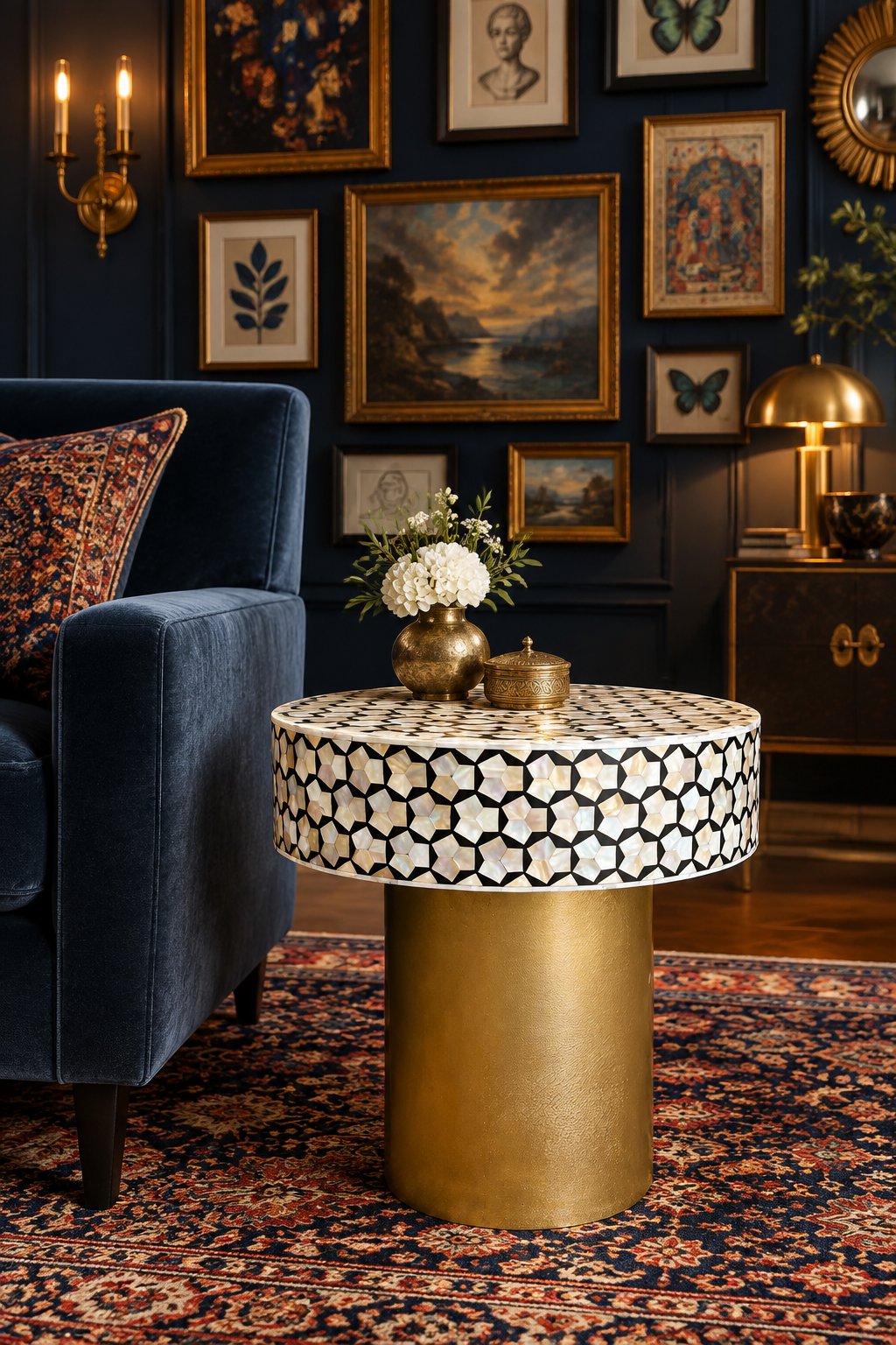 Targua Mother-of-Pearl Inlay Side Table – Brass & Black