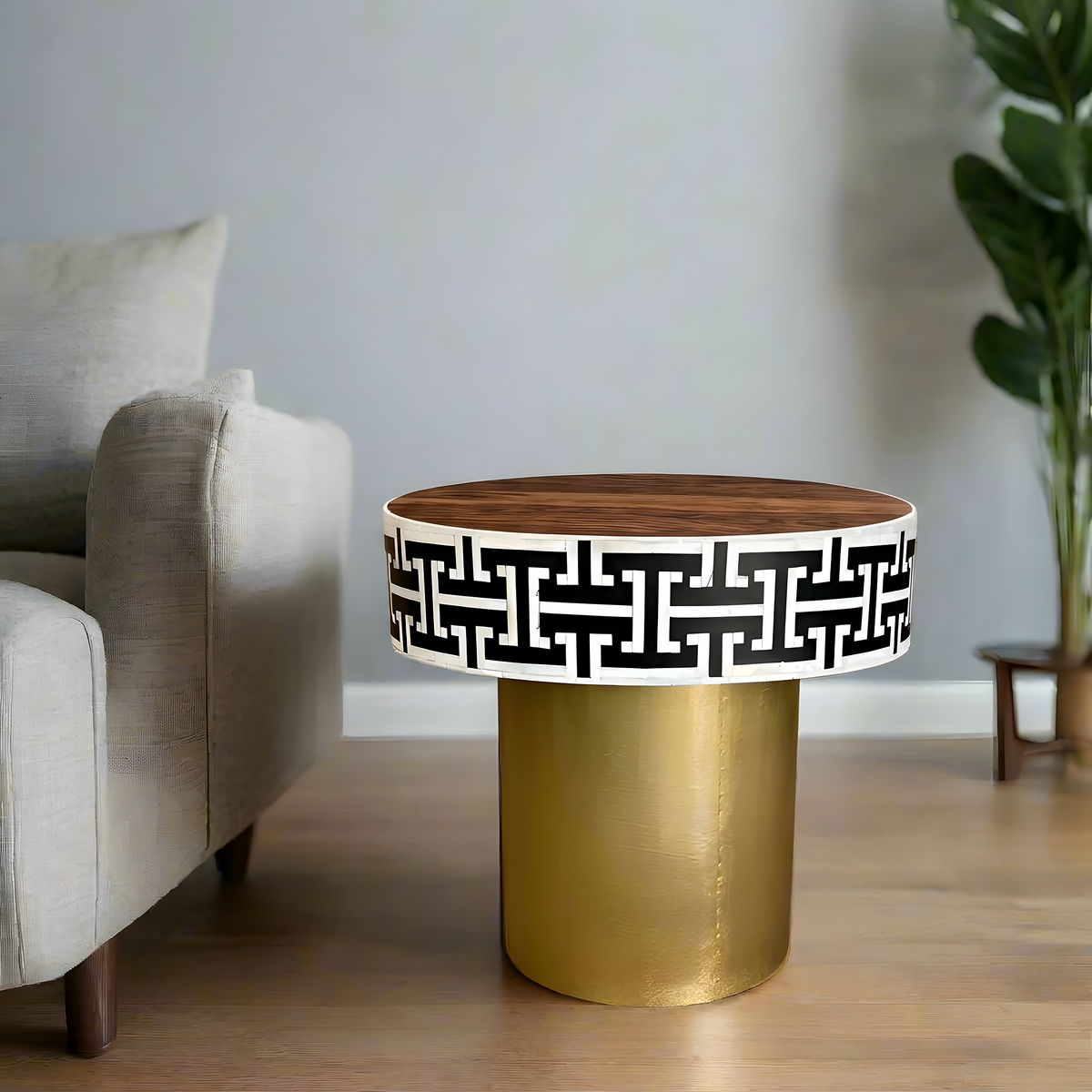 Tetris Mother-of-Pearl Inlay Side Table – Brass & Black