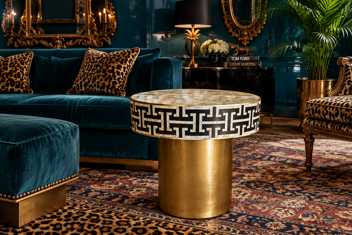 Tetris Mother-of-Pearl Inlay Side Table – Brass & Black