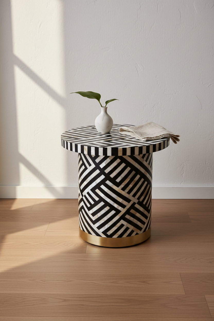 A round side table with a black and white geometric bone-inlay pattern and a gold metal base, styled with a small white vase and a folded napkin on a light wood floor against a white wall.