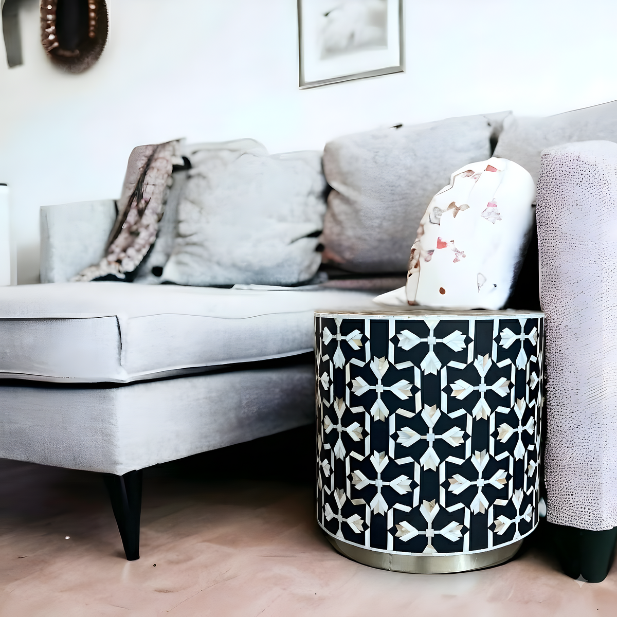 Lotus Mother-of-Pearl Inlay Accent Table – Black
