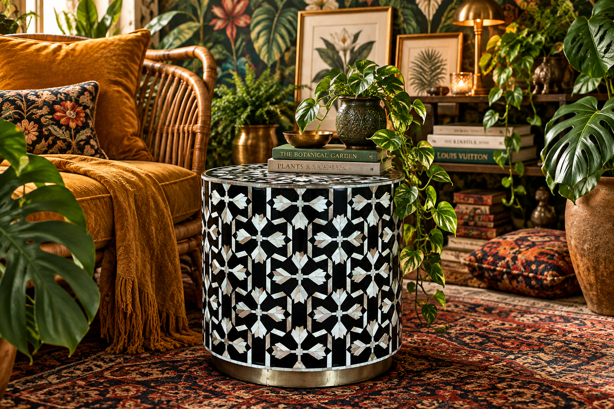 Lotus Mother-of-Pearl Inlay Accent Table – Black