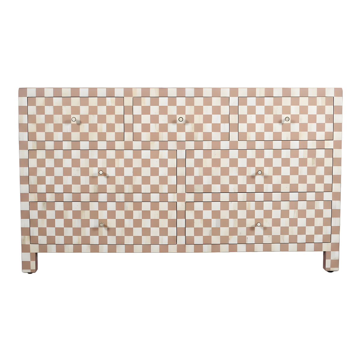 Checkerboard Bone Inlay 7-Drawer Dresser – Almond