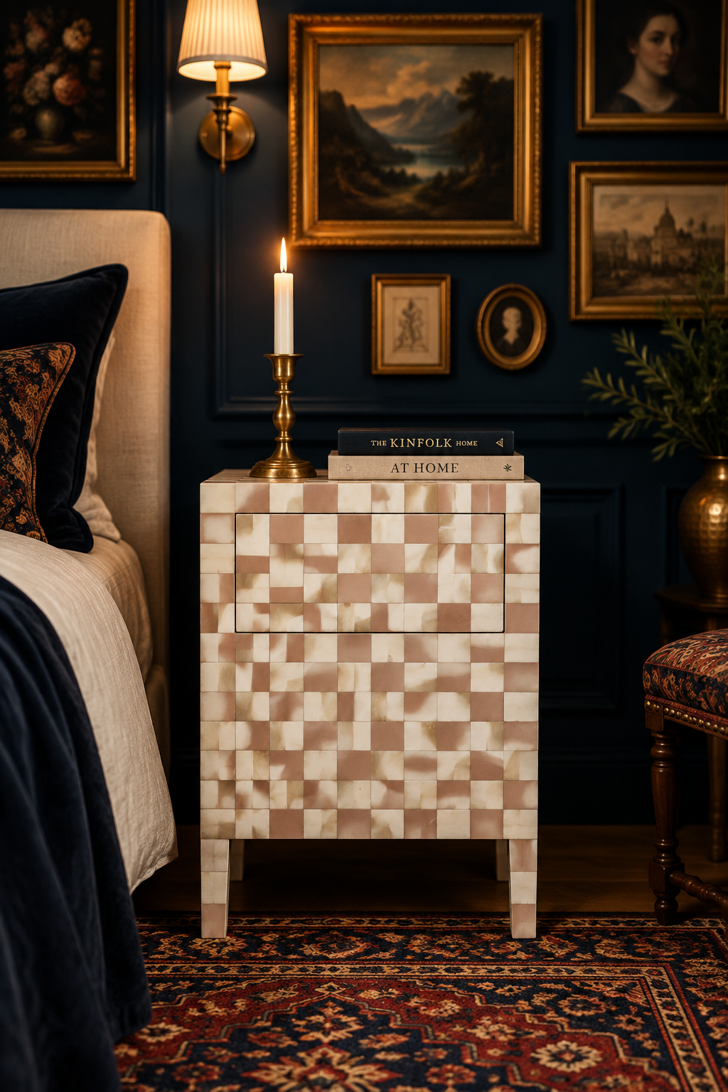 Checkerboard Bone Inlay Bedside Table – Almond