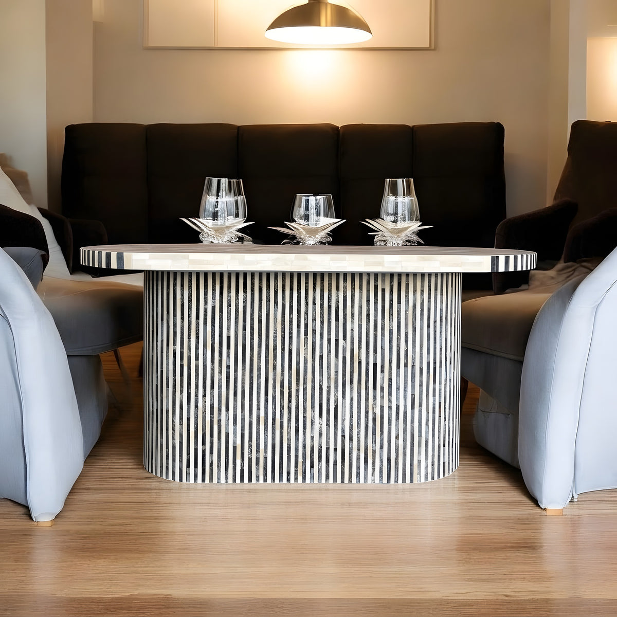 Julia Striped Bone Inlay 6-Seater Dining Table – Grey & White