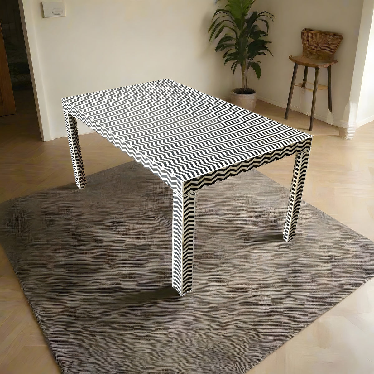Chevron Bone Inlay Dining Table – Black