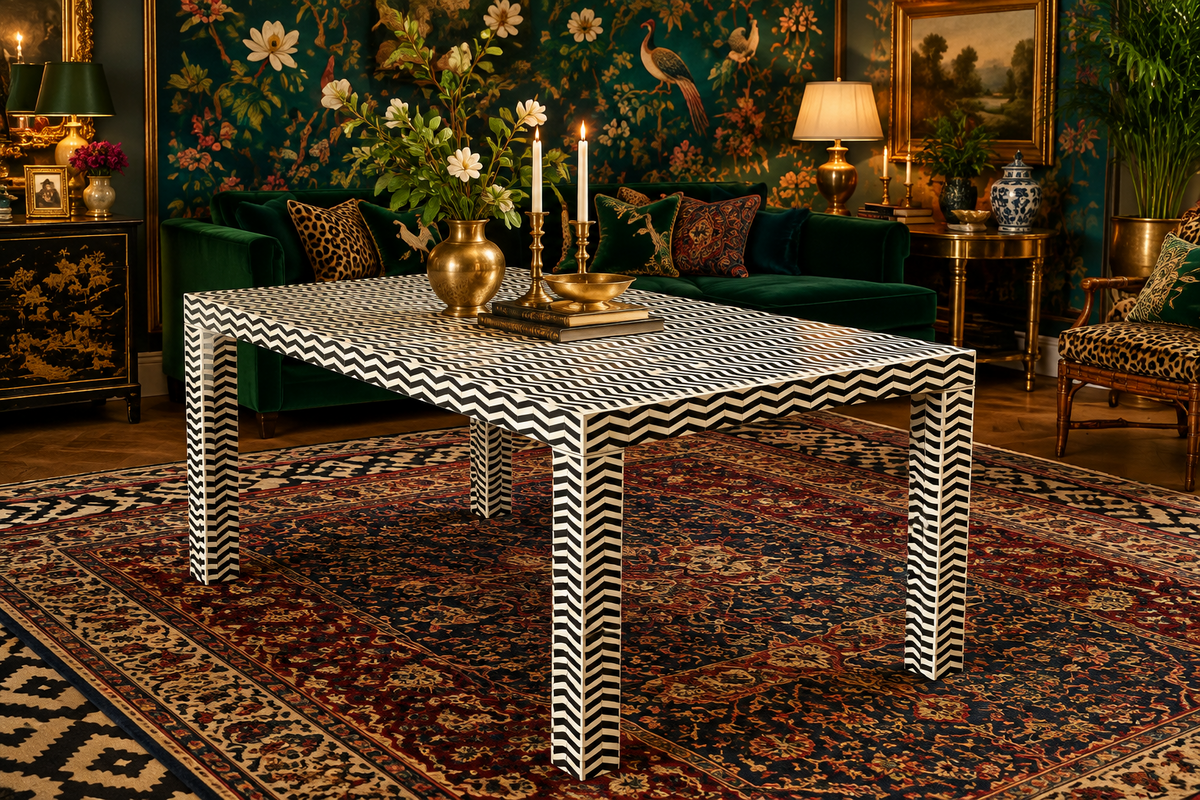 Mesa de Comedor con Incrustaciones de Hueso Chevron – Negra