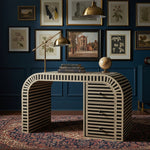 Rue Waterfall Bone Inlay 3-Drawer Desk – Black styled in a room setting