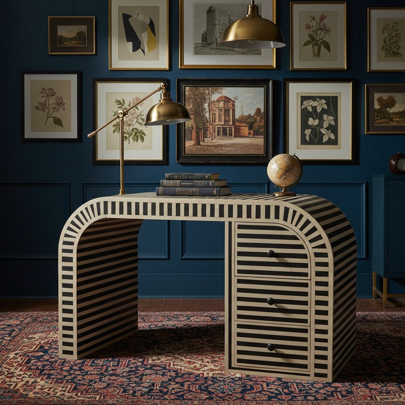 Rue Waterfall Bone Inlay 3-Drawer Desk – Black styled in a room setting