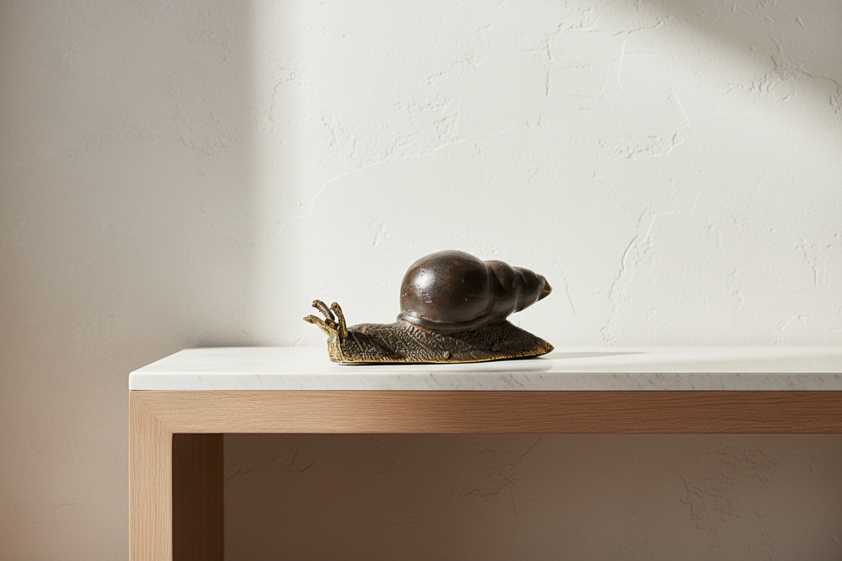 A bronze snail figurine sculpture displayed on a white marble top with a light wood frame, set against a textured off-white wall with soft diagonal shadows.