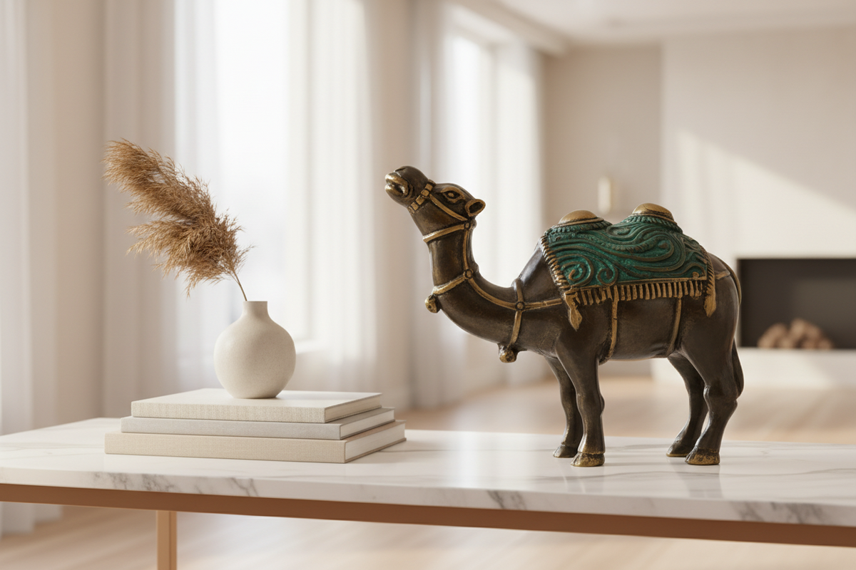 A decorative camel figurine with a dark brown body and a teal-green and gold patterned saddle, displayed on a white marble-topped table in a bright, modern living room setting.