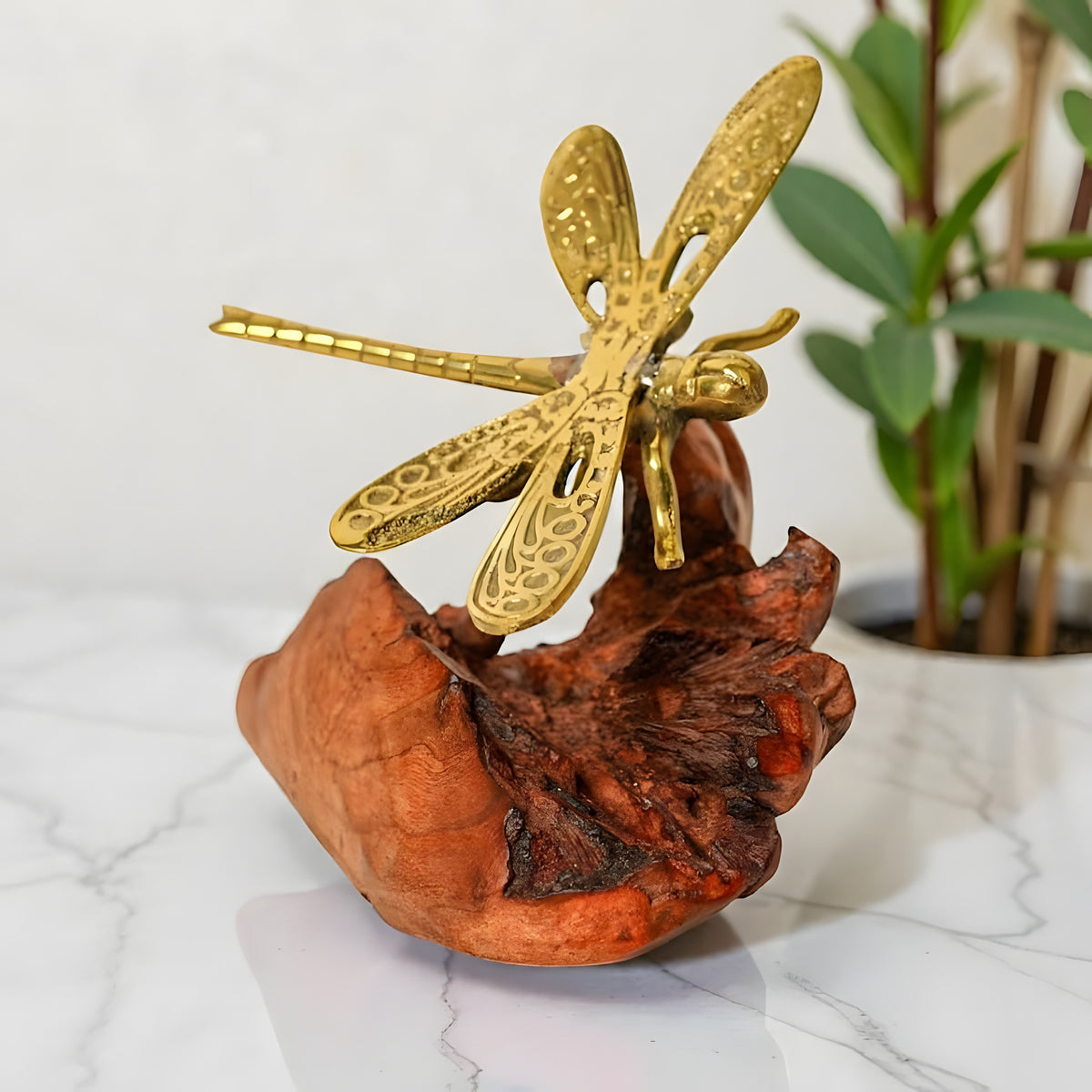 Bronze Dragonfly Figurine on Wood Base