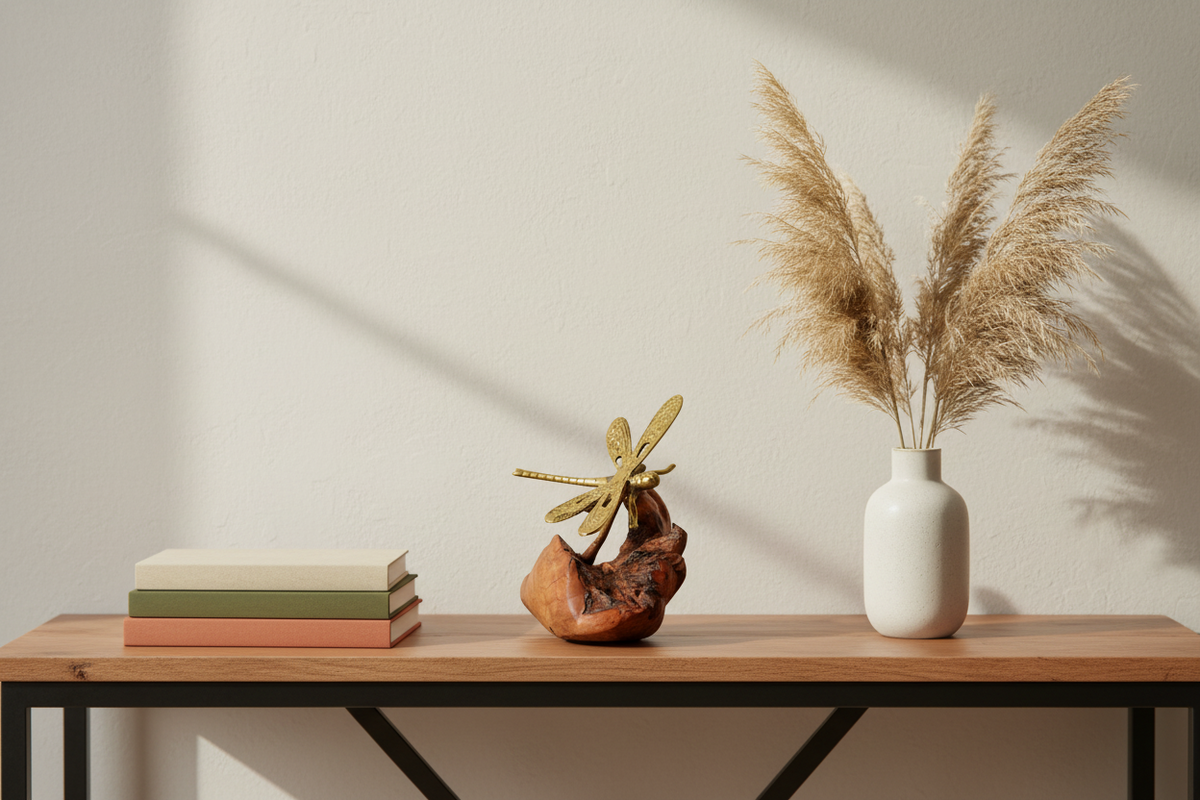A styled interior scene showing a wooden console table against a warm off-white wall, with stacked books, a sculptural dragonfly decor piece on a piece of driftwood, and a white ceramic vase holding dried pampas grass.