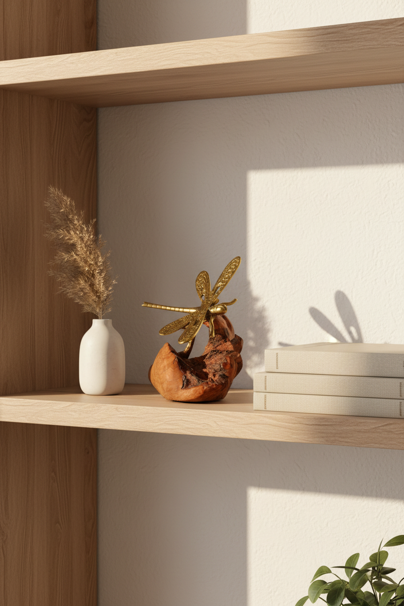 A decorative gold dragonfly sculpture perched on a rustic brown wood base, styled on a light wood shelf next to a small white vase with dried grass and a stack of neutral books against a textured off-white wall.
