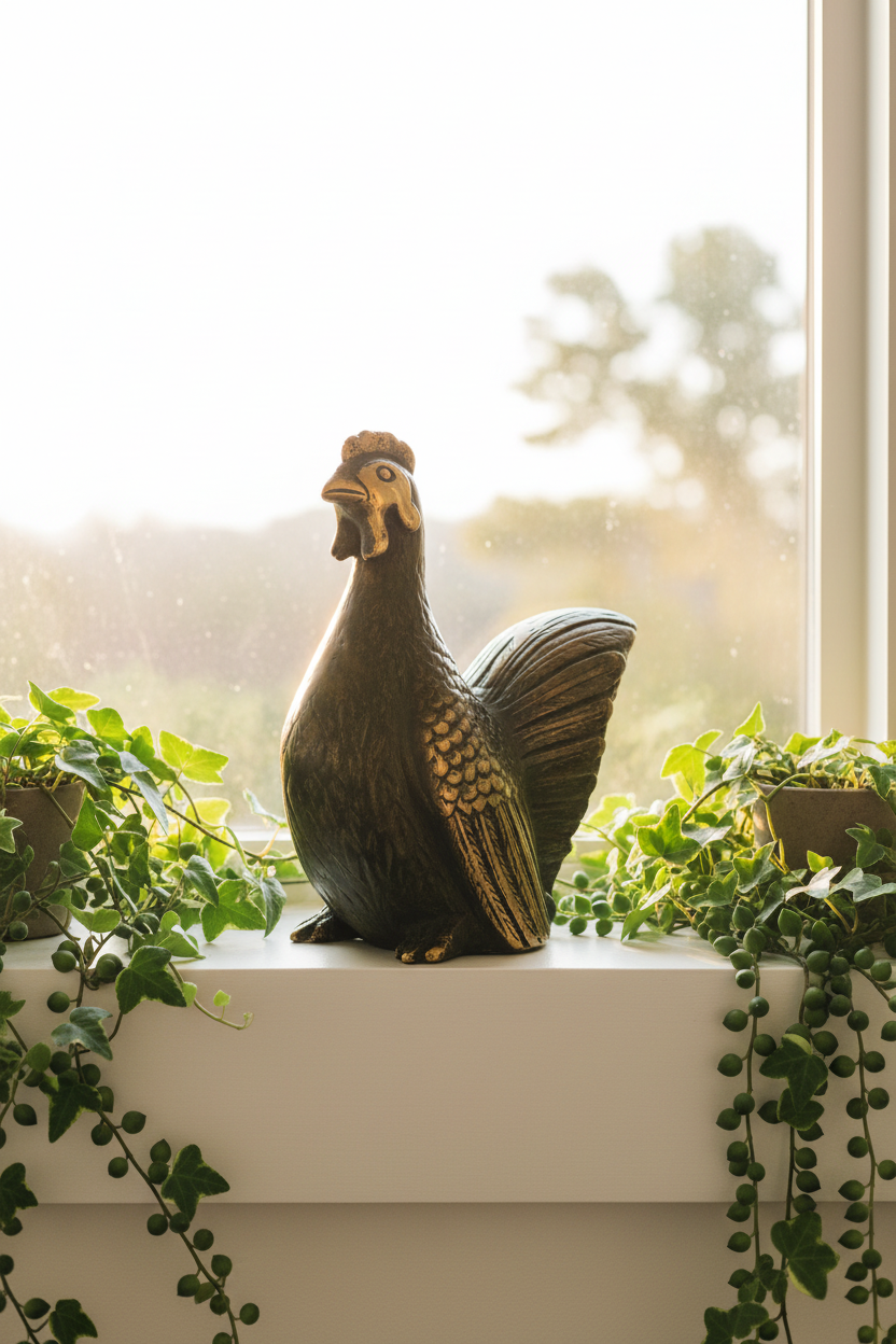 A decorative rooster figurine with dark brown and gold feathers sits on a windowsill surrounded by trailing green plants, with a softly blurred outdoor background visible through the window.