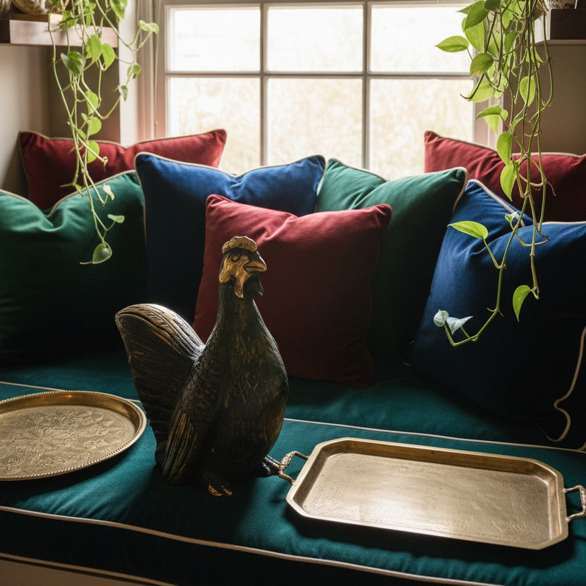 Solid Brass Chicken Figurine styled in a room setting