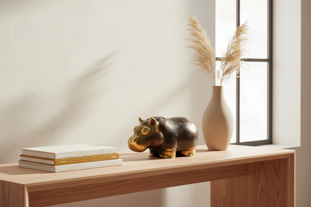 A decorative hippo figurine in dark brown and gold sits on a light wood console table next to a beige ceramic vase with dried pampas grass, with stacked books in the foreground against a warm off-white wall.