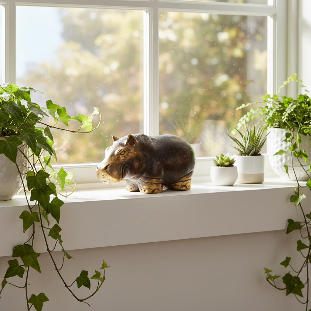 A decorative hippo figurine with a metallic bronze finish and gold accents sits on a white windowsill, flanked by potted green ivy and succulent plants in a bright, sunlit room.