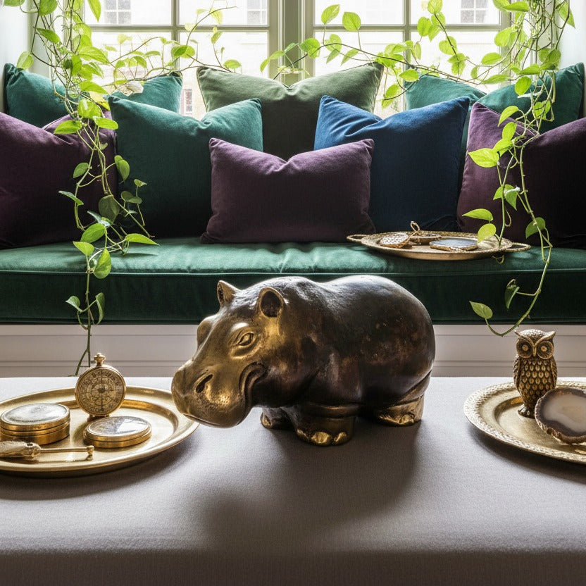 Solid Brass Hippo Figurine styled in a room setting