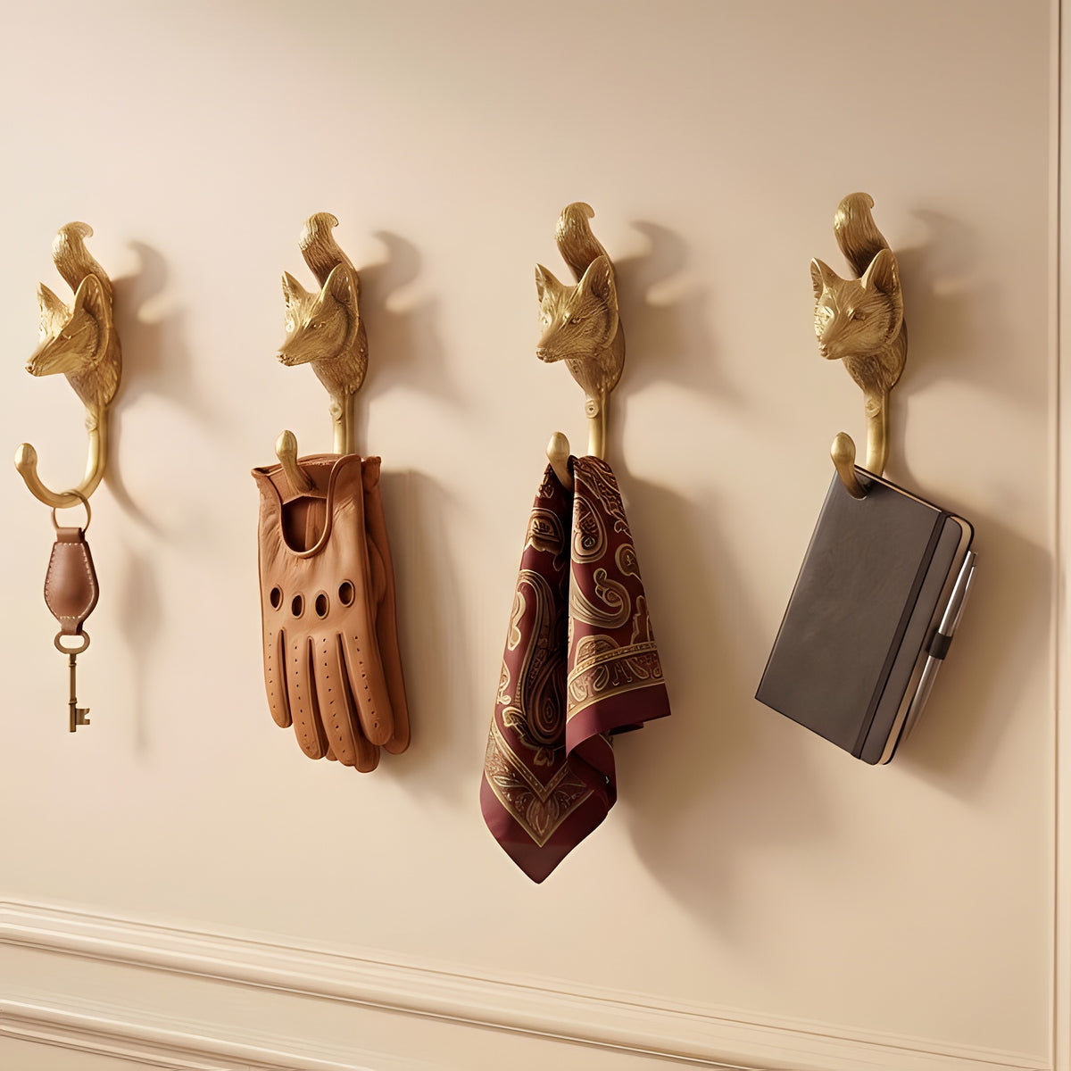 Solid Brass Fox Wall Hooks - Set of 4