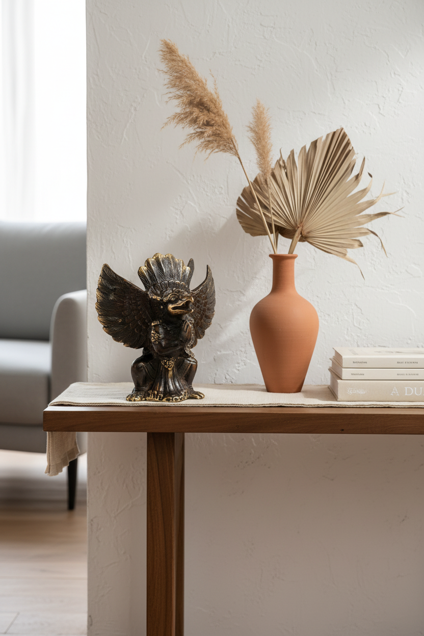 A styled interior scene showing a terracotta ceramic vase with dried pampas grass and a palm frond, alongside a dark metallic gargoyle figurine and stacked books on a wooden console table against a textured off-white wall.