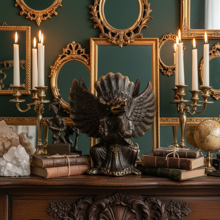 Solid Brass Garuda Figurine styled in a room setting