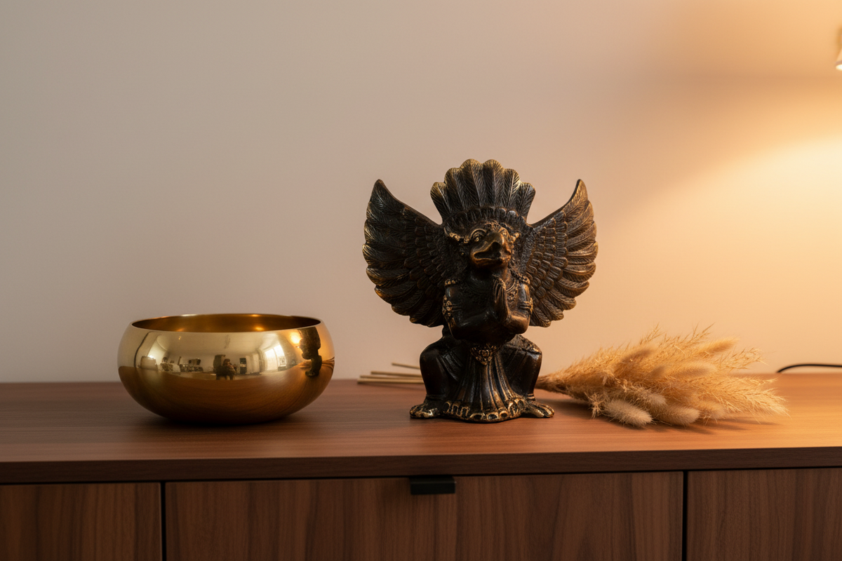A dark bronze winged figurine stands on a wooden cabinet beside a shiny gold bowl and dried grass stems, against a softly lit beige wall.