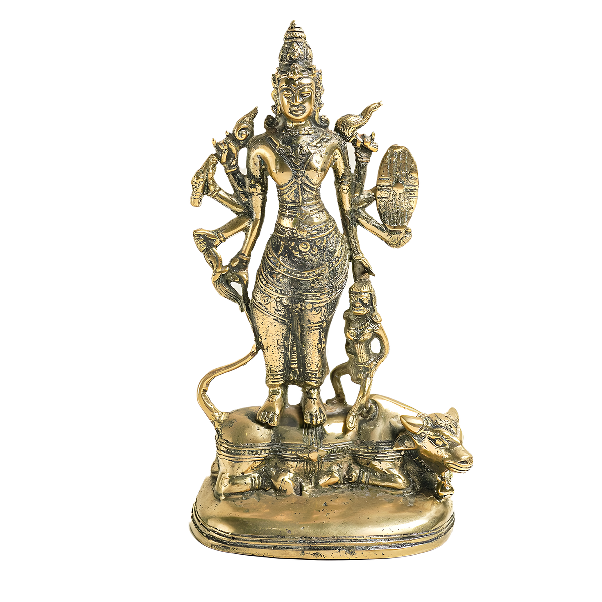 A brass Lord Hanuman statue standing on a bull, holding a shield and trident, set against a plain white background.