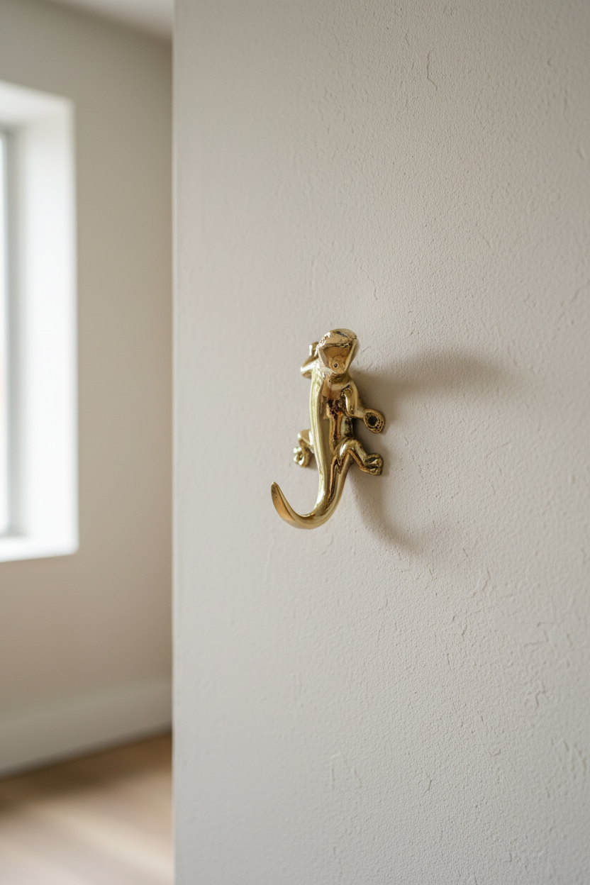 A polished brass gecko-shaped wall hook mounted on a textured off-white wall, with a softly blurred interior room and window in the background.