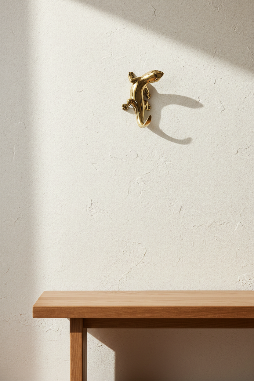 A polished gold wall hook shaped like a stylized animal head, mounted on a textured off-white wall above a light wood console table, with dramatic diagonal sunlight casting shadows.