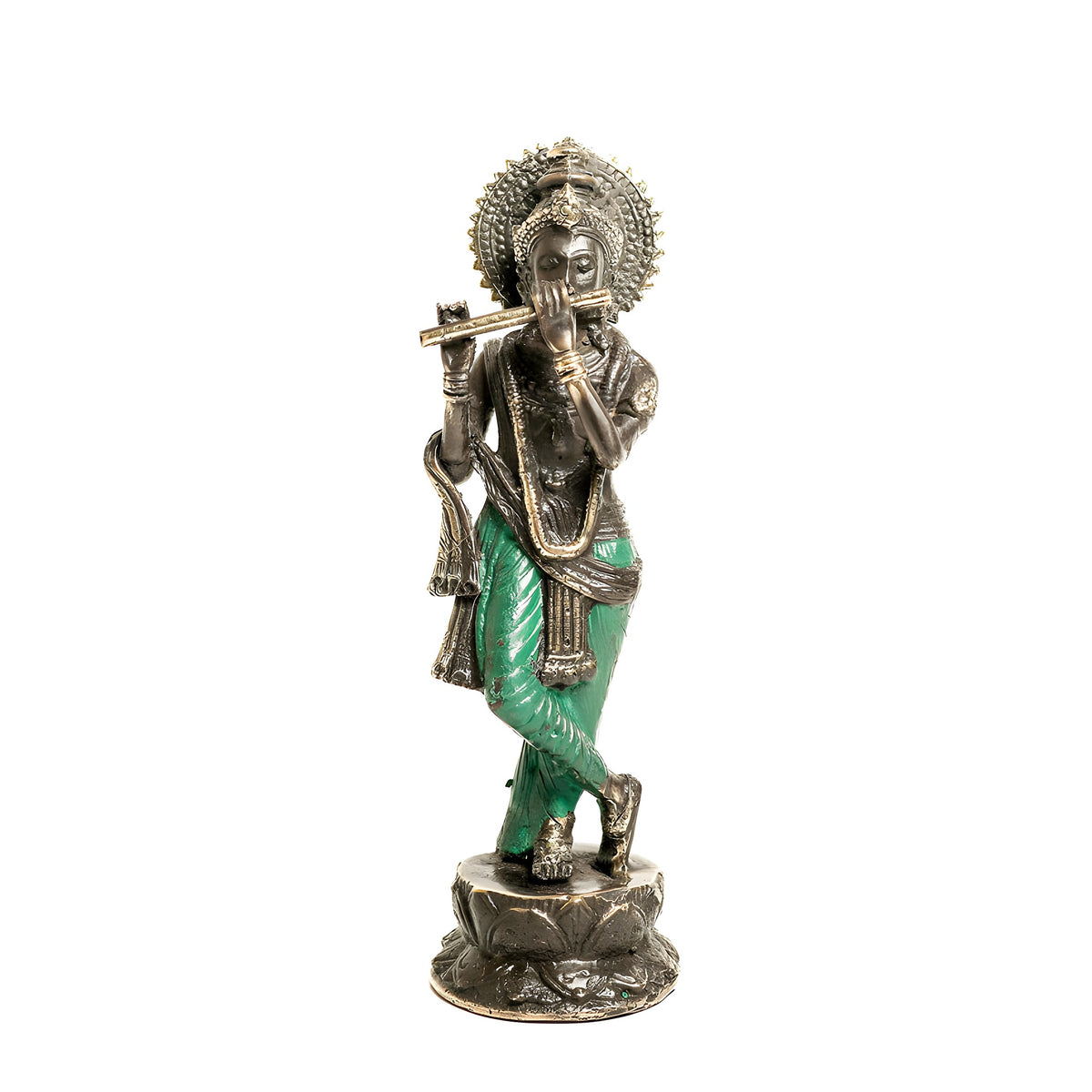 A standing metal statue of a flute-playing deity with a silver-toned finish and bright green painted accents on the draped garments, set against a plain white background.