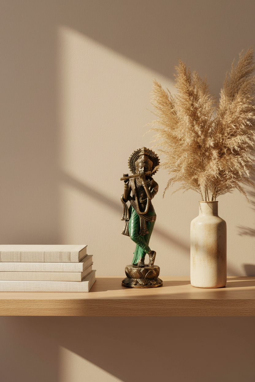 A decorative bronze-toned statue of a flute-playing deity stands on a light wood shelf beside a cream ceramic vase filled with dried pampas grass, with stacked books on the left. Warm sunlight casts shadows on a beige wall.