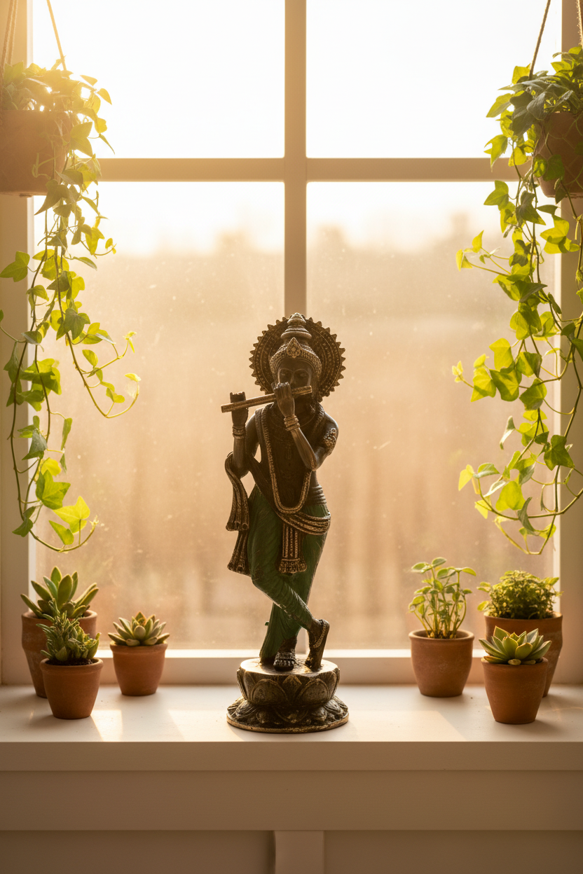 A dark green and bronze statue of a flute-playing deity stands on a windowsill, surrounded by small potted plants and hanging green vines in a warm, sunlit room.