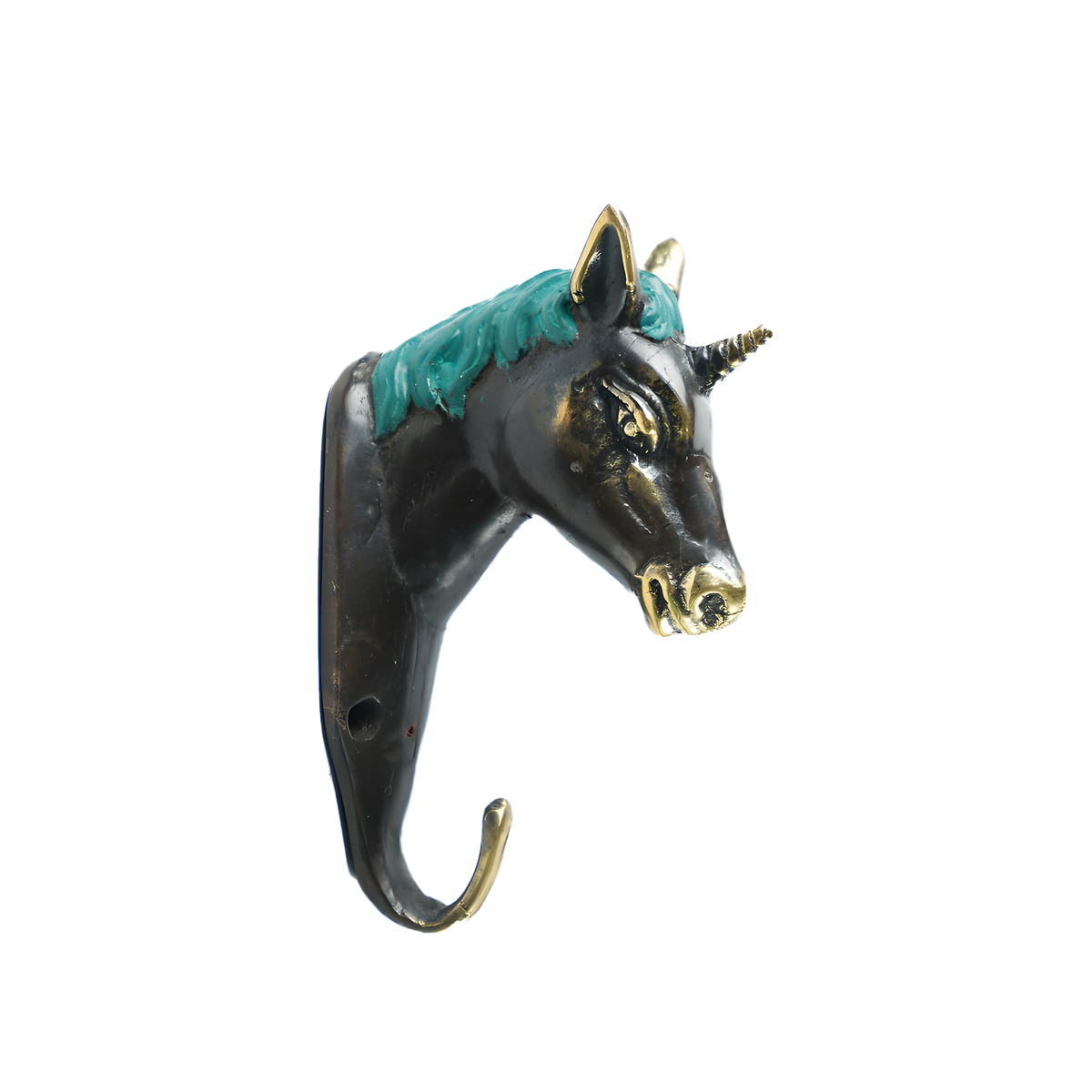 A decorative wall hook shaped like a unicorn head, featuring a black body with a teal mane and gold accents on the horn, eyes, and nose, shown against a plain white background.