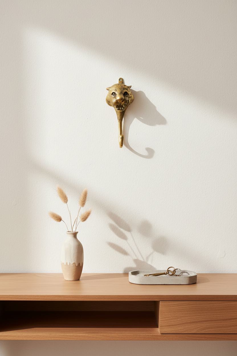 Solid brass tiger wall hook mounted on a white wall above a console table