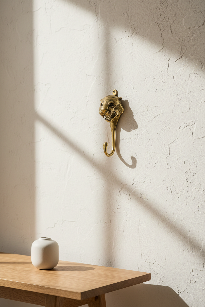 A brass lion-head wall hook mounted on a textured off-white wall, with a wooden table and a small white vase in the foreground under warm diagonal sunlight and shadows.