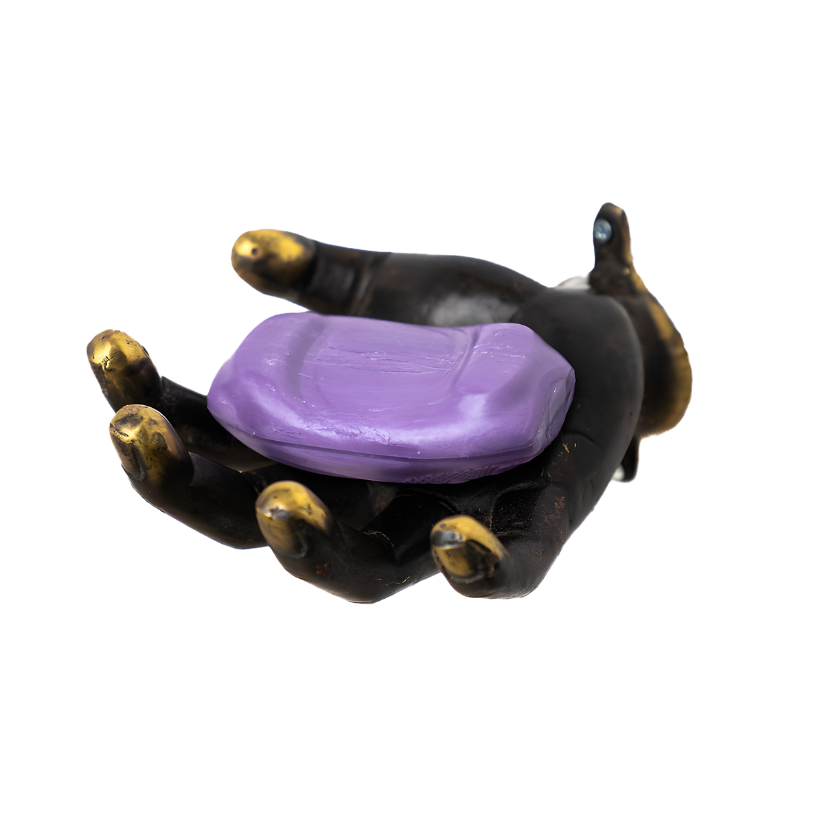 A black hand-shaped collectible figurine with gold-toned fingernails holding a purple oval-shaped item, isolated on a white background.