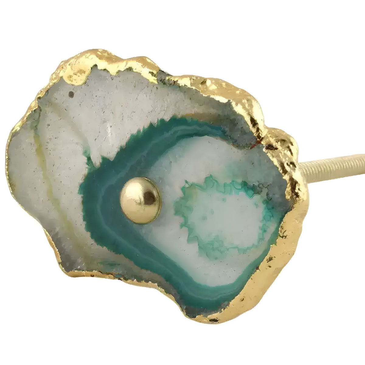 Macro close-up of green agate drawer pull face showing white to teal banding and natural crystal layers