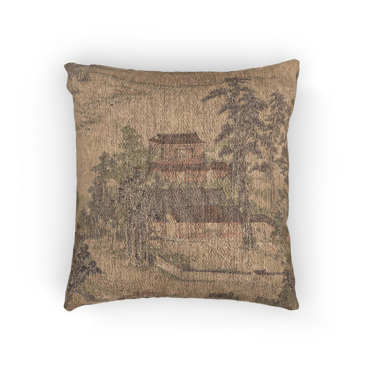 A square decorative throw pillow featuring a vintage-style printed landscape design of a traditional East Asian pagoda and trees in muted earthy tones, set against a plain white background.