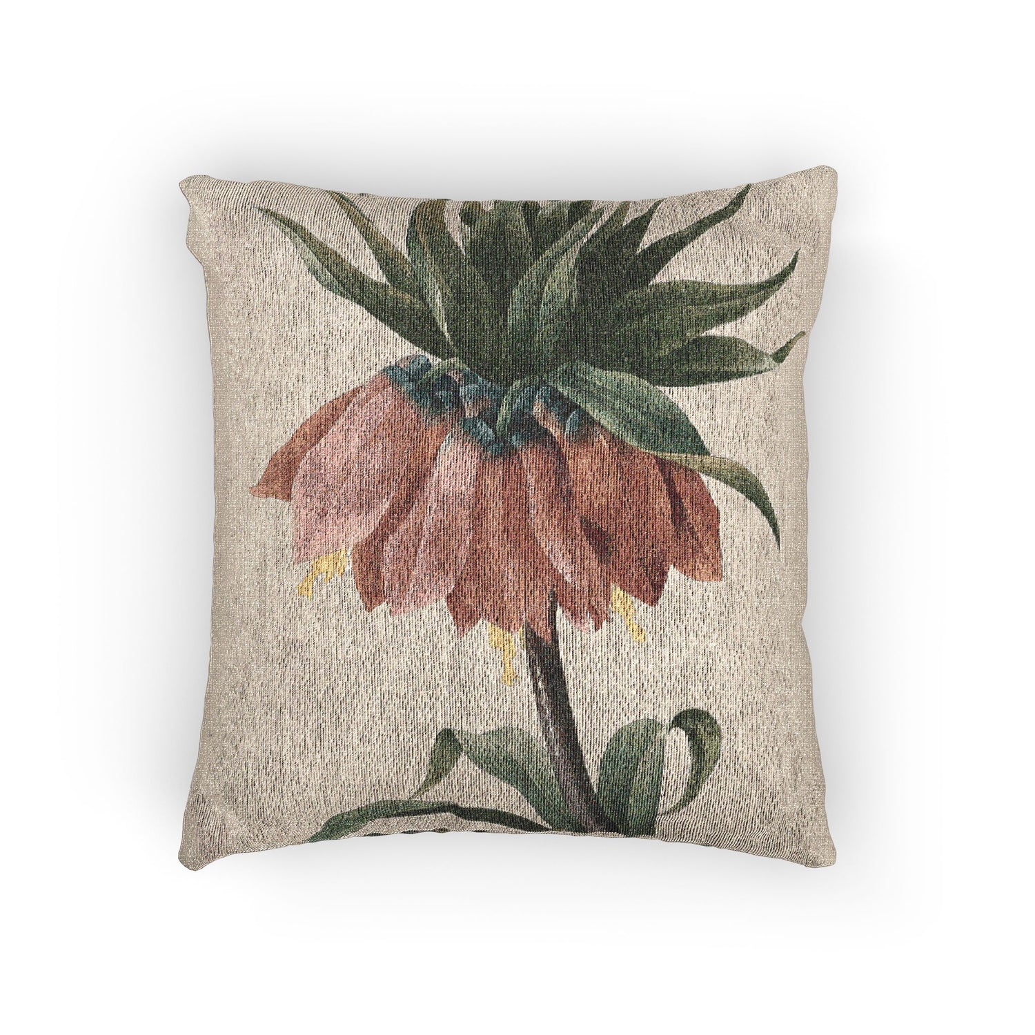 A square decorative throw pillow with a textured beige linen-like background featuring a vintage-style botanical print of a dusty pink flower with green leaves.
