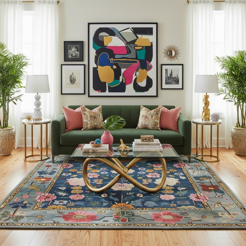 Living room with a green sofa, colorful rug, and abstract art on the wall.