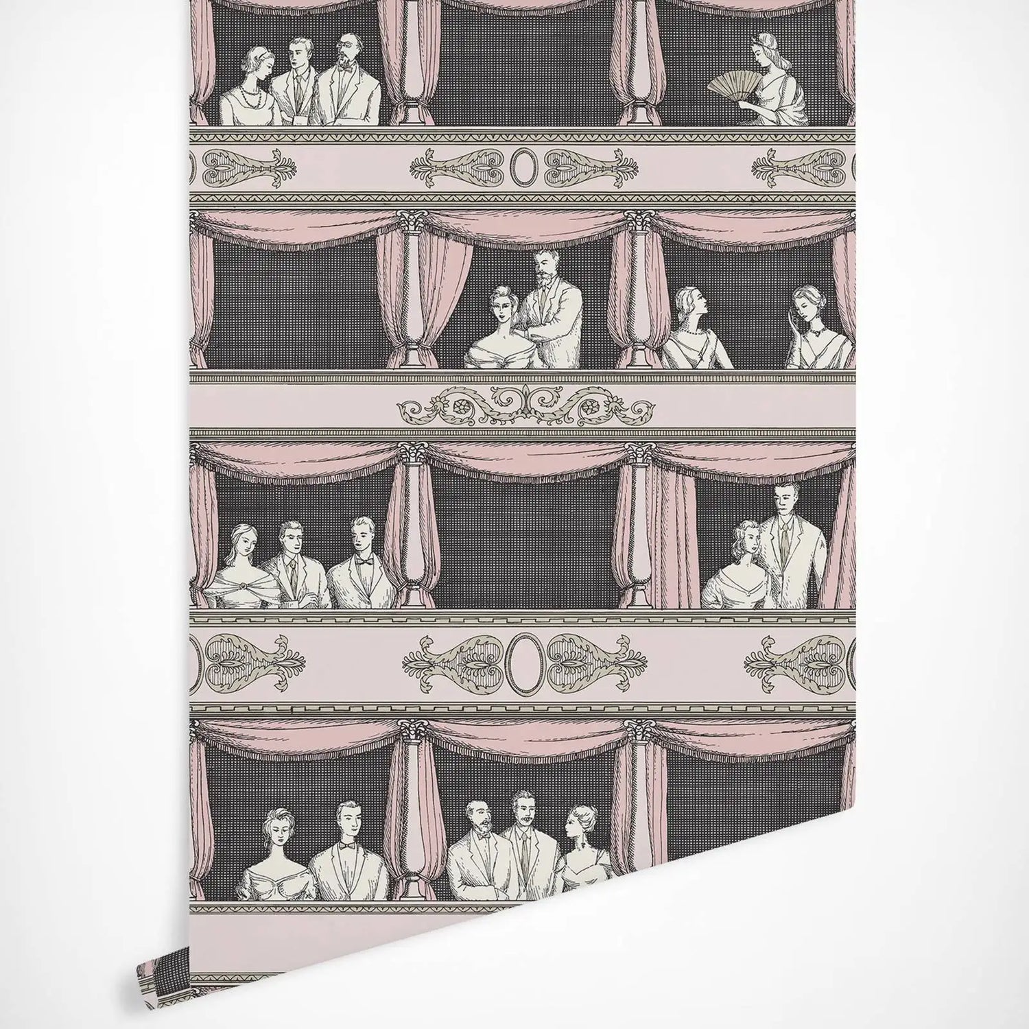 Wallpaper with classical design featuring people and decorative elements on a black background.