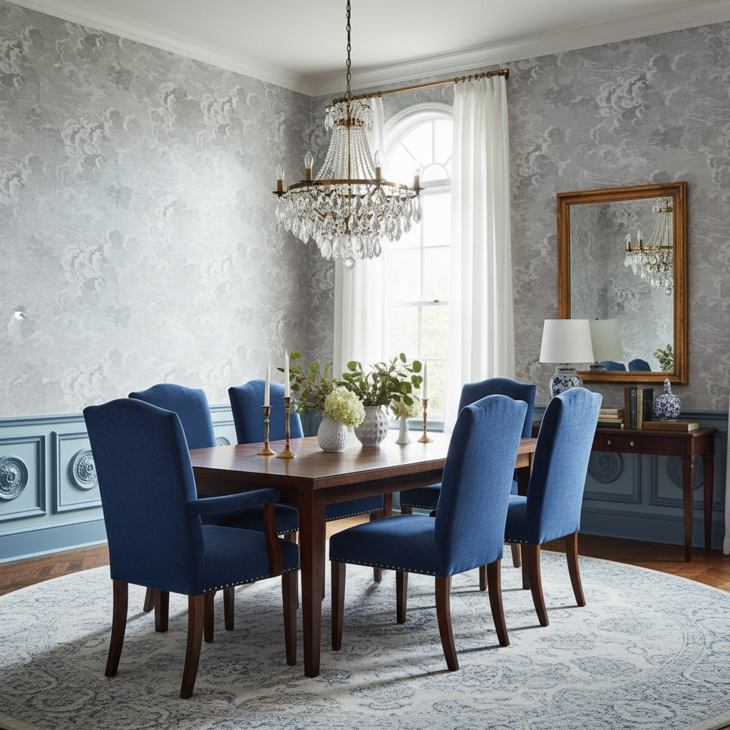 Dining room with wooden table and blue chairs, featuring a chandelier and decorative wall mirror.