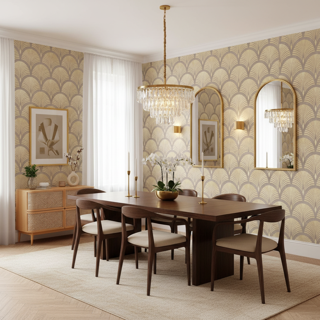 Dining room with wooden table, chairs, and decorative elements.