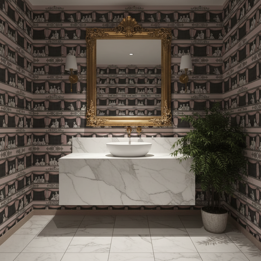 Bathroom with marble vanity, gold-framed mirror, and decorative wallpaper.